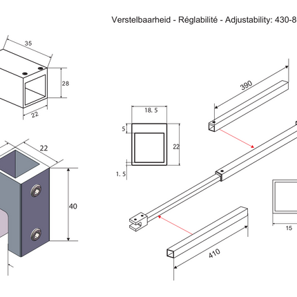 Maattekening ALONI Plafondsteun inloopdouche - Verstelbaar 43-80 cm - Geborsteld RVS