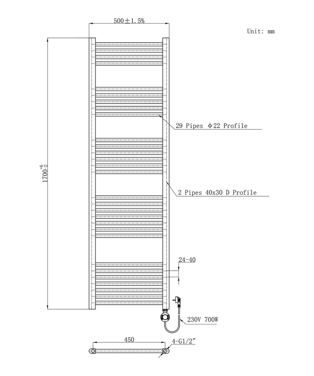 Maattekening BELRAD Badkamer radiator elektrisch 1700x500mm - Wit - 985W