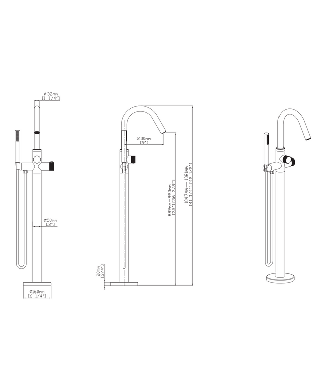 Plan coté ALONI Stria mitigeur bain-douche – îlot – thermostatique – inox brossé