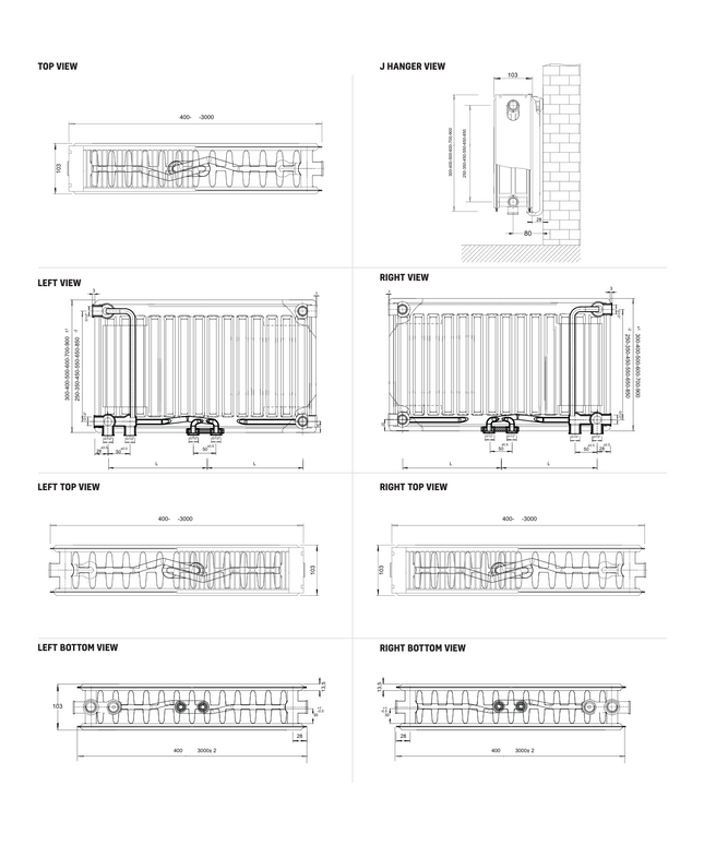 Maattekening STELRAD BEL8 T22 paneelradiator 900x900mm - Wit - Middenaansluiting - 2156W