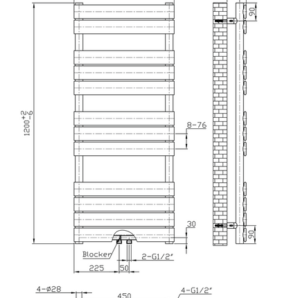Plan coté radiateur sèche-serviettes BELRAD 1200x500mm – Noir – Raccordement central – 593W
