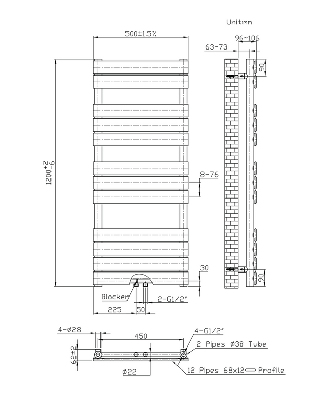 Maattekening BELRAD Badkamer radiator 1200x500mm - Zwart - Middenaansluiting - 593W