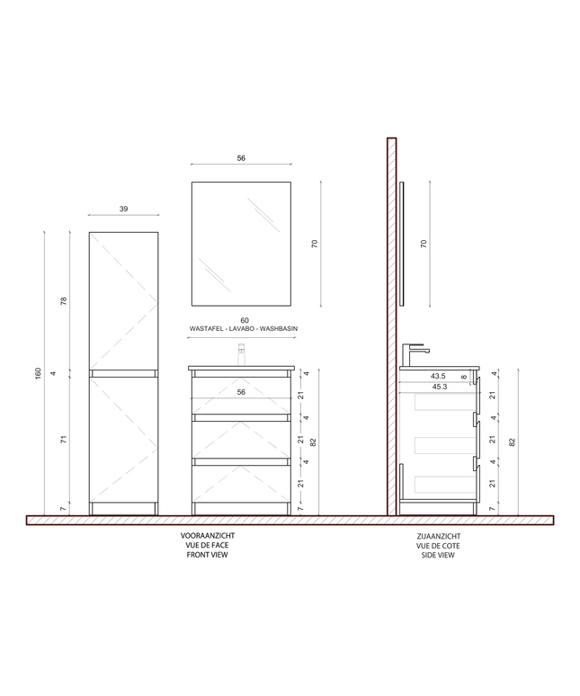 Maattekening ALONI JUPITER wastafelonderkast – 60 cm – Zwart – Softclose