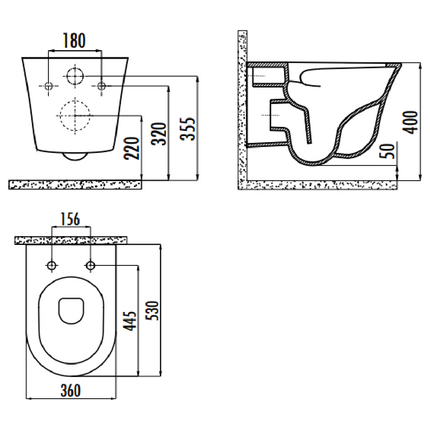 Maattekening CREAVIT Nora Hangtoilet - 360° Flush Randloos - Glanzend Wit