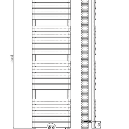 Maattekening BELRAD Badkamer radiator 1800x500mm - Zwart - Middenaansluiting - 936W