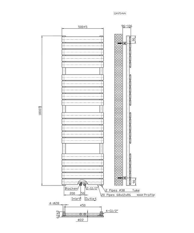 Maattekening BELRAD Badkamer radiator 1800x500mm - Zwart - Middenaansluiting - 936W