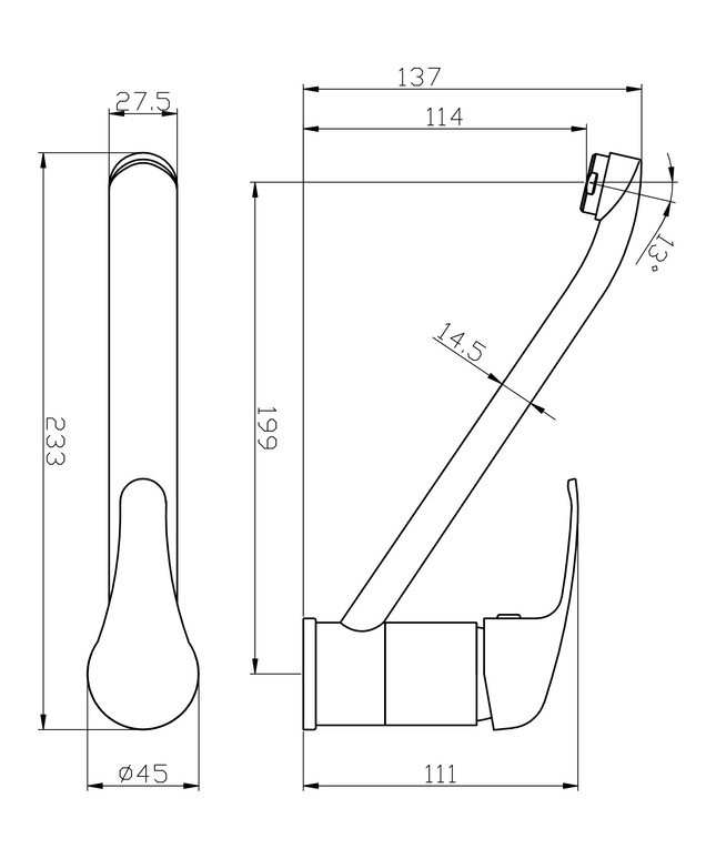 Plan de cotes ALONI Pure mitigeur de cuisine – bec orientable – chromé