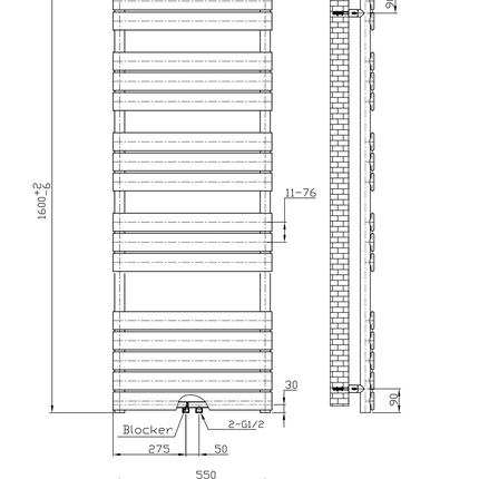 Plan coté radiateur sèche-serviettes BELRAD 1600x600mm Blanc – Raccordement central – 908W