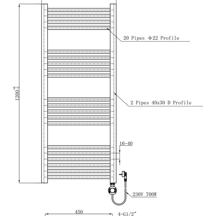 Maattekening BELRAD Elektrische handdoekradiator - Smart WiFi 700W - 1200x500mm - Mat wit