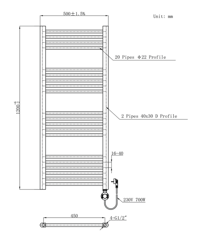 Maattekening BELRAD Elektrische handdoekradiator - Smart WiFi 700W - 1200x500mm - Mat wit