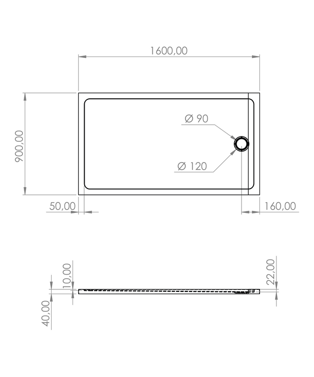 Plan côté receveur de douche rectangulaire acrylique ALONI – 160x90x4 cm