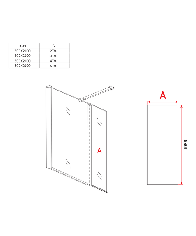 Maattekening ALONI draaibare zijwand – 60x200 cm – 8 mm veiligheidsglas