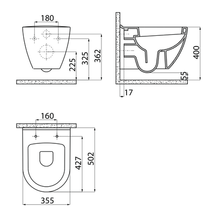 Maattekening Creavit hangtoilet – wit – antibacterieel keramiek