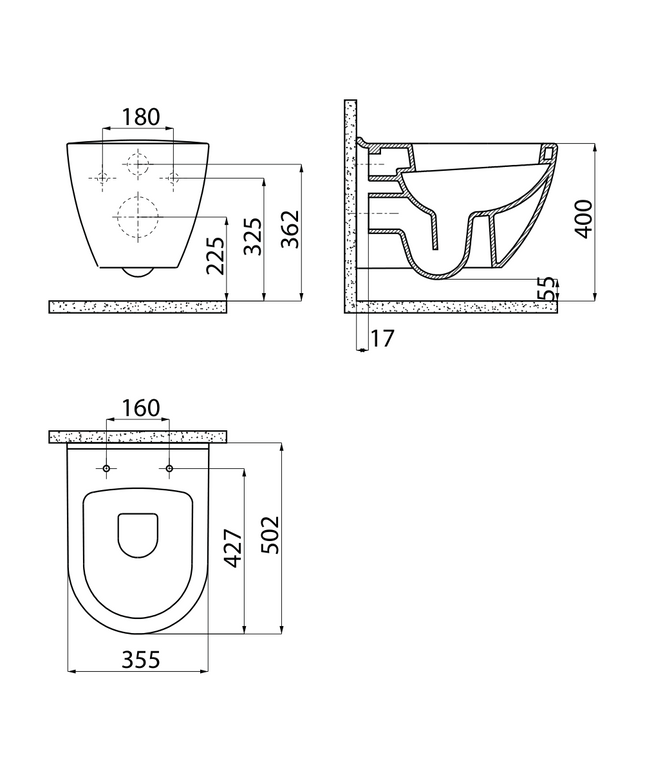 Maattekening Creavit hangtoilet – wit – antibacterieel keramiek