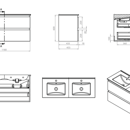 Maattekening ALONI Sally XL Wastafelonderkast - 2 lades softclose greeploos - 118x60x45cm - Mat wit