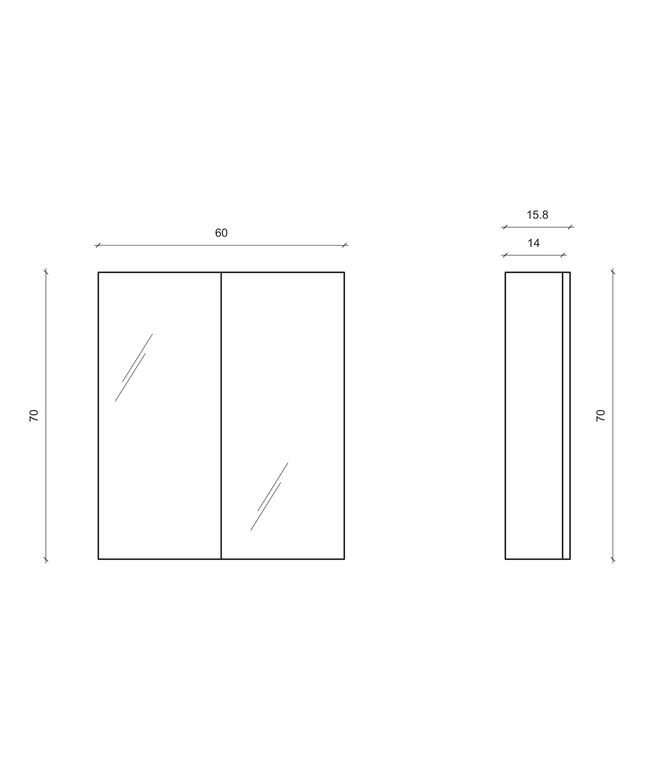 Maattekening ALONI SALLY spiegelkast – 2 deuren – 60x70 cm – Aluminium