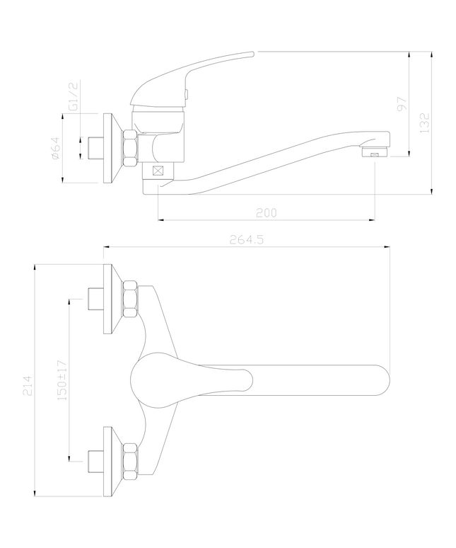 Maattekening ALONI Pure keukenkraan – wandmontage – chroom