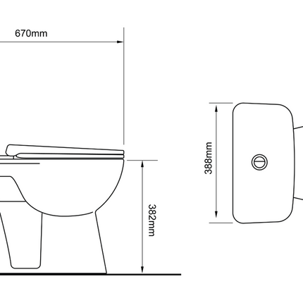 Maattekening ALONI PRO duoblok staand toilet – randloos – P-trap – muuruitlaat – reservoir – softclose zitting – 4/6L – 39x73x67 cm – wit