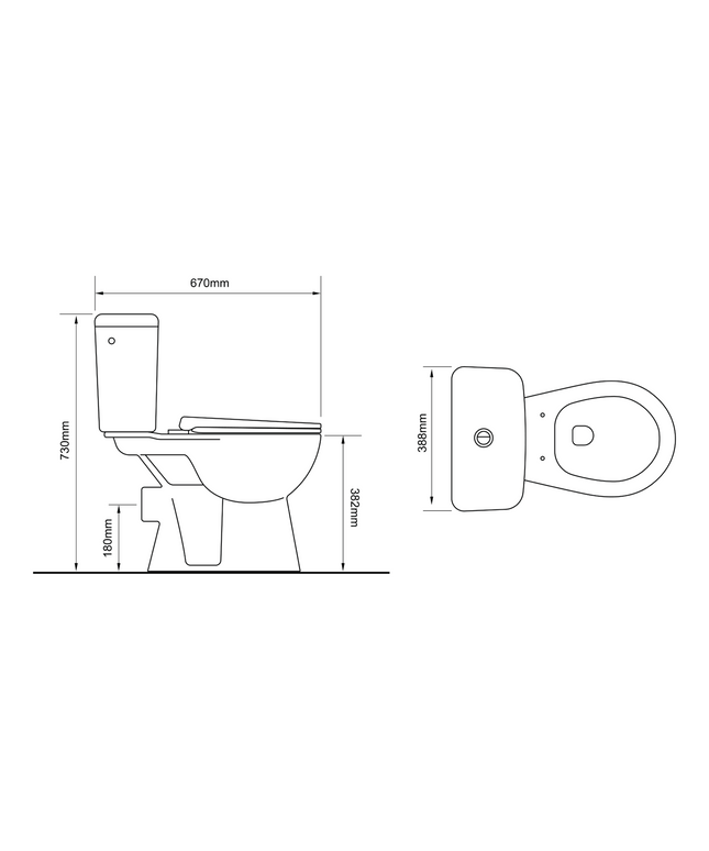Maattekening ALONI PRO duoblok staand toilet – randloos – P-trap – muuruitlaat – reservoir – softclose zitting – 4/6L – 39x73x67 cm – wit