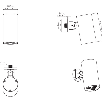 Maattekening UNIFORMA Hoofddouche Cilinder - 1 Stand - 8x15 cm - Chroom