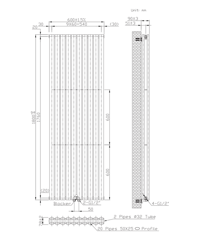 Maattekening BELRAD Verticale designradiator ovaal dubbel 1800x590mm - Zwart - 10 elementen - 2050W