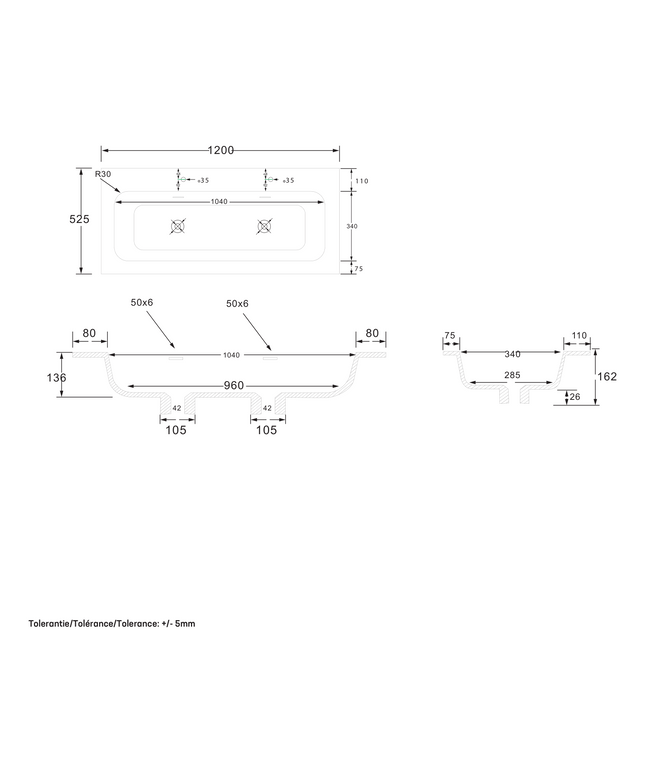 Plan coté lavabo Wonda Round Slim – 120 cm – 1 vasque – 2 trous de robinetterie – marbre artificiel – blanc mat