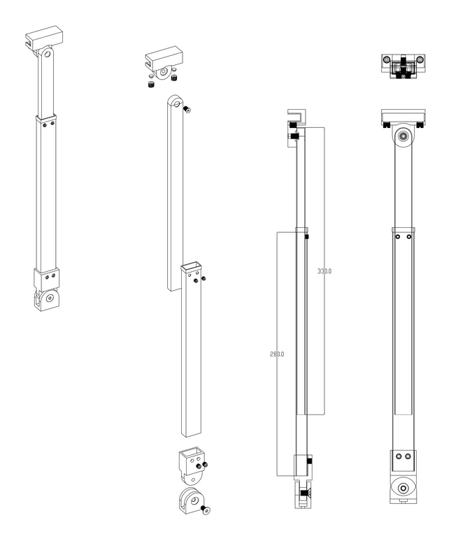 Maattekening Aloni stabilisatiestang muur/glas 45° – verstelbaar 30–60 cm – Chroom
