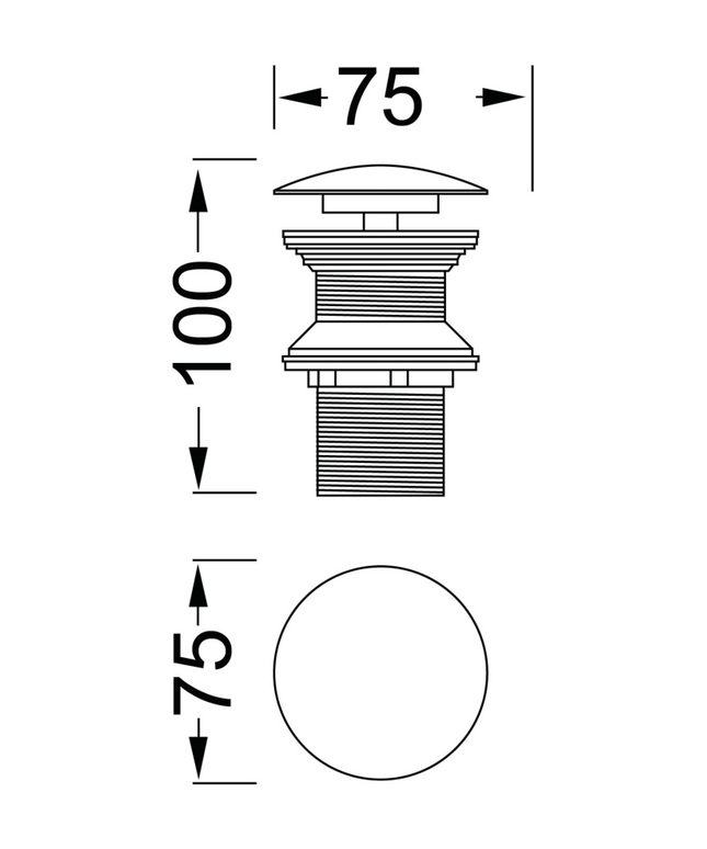 Maattekening ALONI afvoerplug – Push-Up keramisch 5/4 – Zwart – Zonder overloop