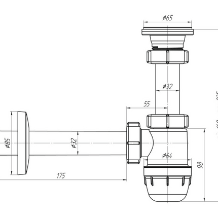 Maattekening ALONI bekersifon met afvoerrooster – Ø32 mm – Wit