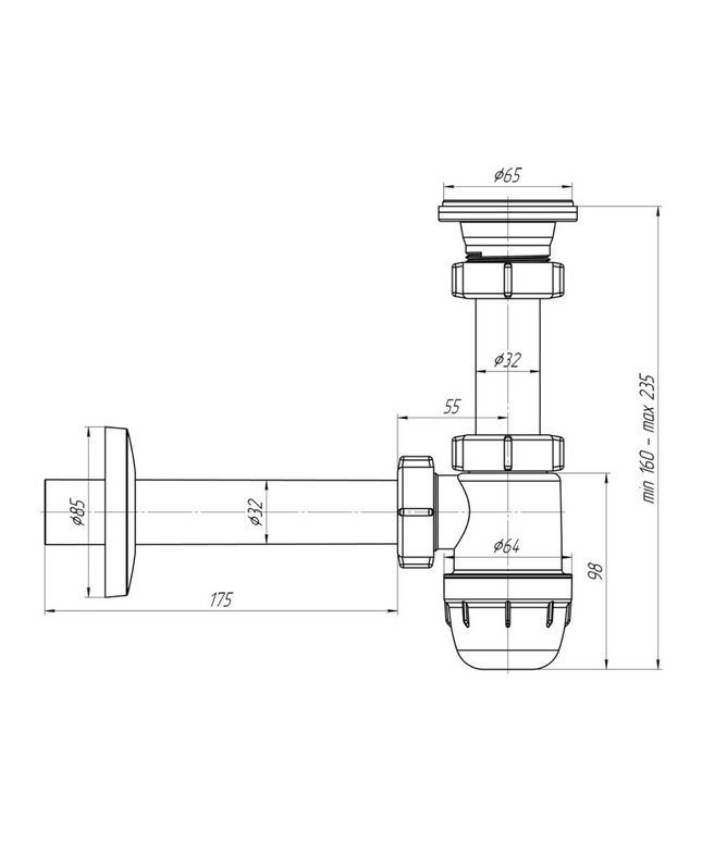 Maattekening ALONI bekersifon met afvoerrooster – Ø32 mm – Wit