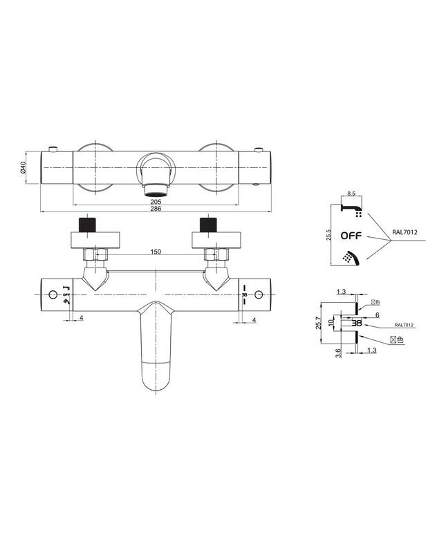 Maattekening ALONI Pulse bad- en douchemengkraan – thermostatisch – chroom
