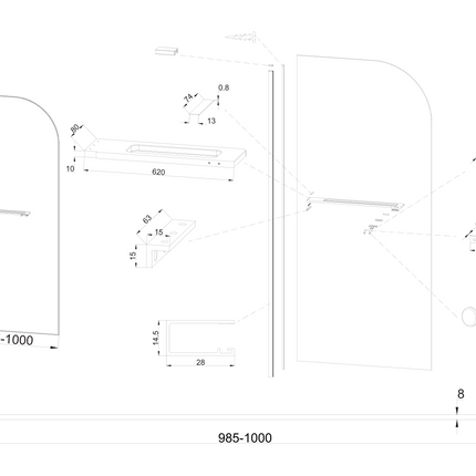 Maattekening CURVY Inloopdouche gebogen met handdoekhouder - 100x200cm - Geborsteld koper